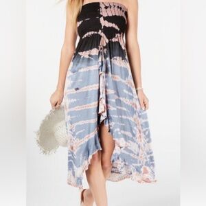 Boho Me Size 2X-3X BLK/Blush Tie-Dye Strapless Ruched Stretch High Low Dress
